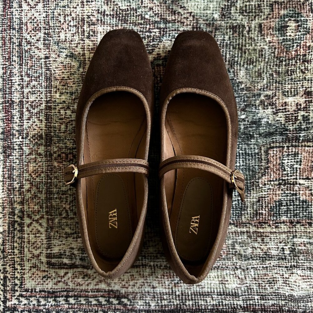 Brown Zara Velvet Mary Jane Ballet Flats